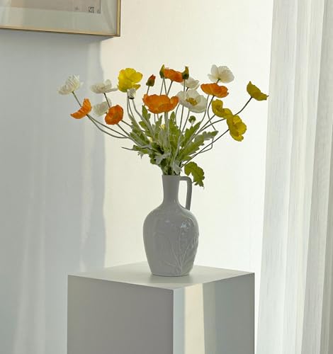 Set of 6 Multicolour Artificial Poppy Flowers, Silk Flowers with Stems for Vase Arrange for Wedding Party Home Office Indoor Kitchen Dining Table Centerpiece Decoration (White Yellow Orange) - color: White Yellow Orange