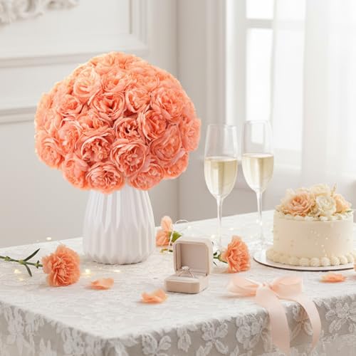 Thiccywoov 200 Pcs Flowers Long Stem Artificial Rose Bulk, 3.2 Inches Silk Rose Head Flowers Faux for Wedding Bridal Bouquet Independence Day Home Floral DIY Centerpieces Party Decoration(Peach) - color: Peach