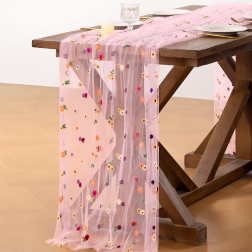 Socomi Flower Table Runner Summer Daisy Floral Tulle Gauze Cheesecloth Embroidery Table Runners for Tea Party Garden Wedding Bridal Baby Shower Birthday Picnic Decor Pink 3pcs - color: Daisy Pink, size: 10ft X 3pcs