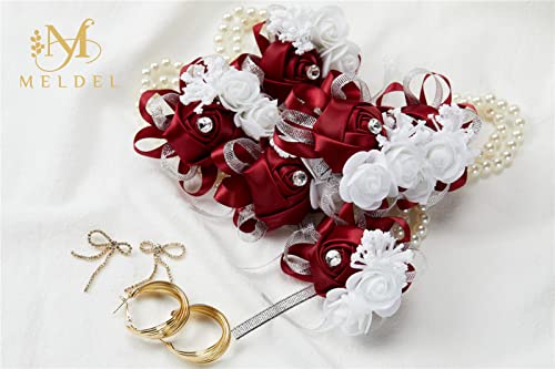 4pcs Burgundy Wedding Corsages Faux Silk Wine Red Rose for Women | for Wedding, Prom, Homecoming, and Evening Party, Wrist Corsages with Pearls for Brides, Bridesmaids, Mother of the Bride - color: 4pcs Wine Red Wrist Corsages
