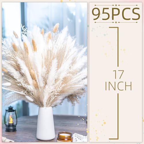 floradream 95 PCS Natural Pampas Grass Decor Bouquet | Boho Dried Floral Arrangement Centerpiece Table Decor Wedding Decor Rustic Decor, Natural, white, beige (Fdm-b-01) - size: 95PCS