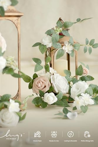 Ling's moment 6Pack 1.8ft Artificial Flower Garlands White Rose Lantern Flower Arch Floral Centerpieces Wedding Aisle Chair Flowers for Signs Table Window Cake Decoration（not Including Lanterns） - color: Wht-white & Sage