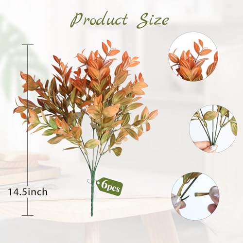 6 Bundles Artificial Greenery Stems, 14.5" Fake Lucky Bamboo Leaves Fall Faux Flowers Plants UV Resistant Plastic Shrubs for Outdoor Home Garden Patio Porch Farmhouse Pathway Thanksgiving Indoor Decor - color: Autumn Yellow