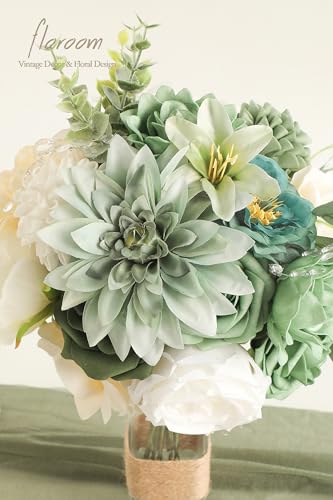 Floroom Sage Green Artificial Flowers Fake Roses Peonies Dahlia Greenery Combo Box Set for DIY Wedding Bouquets Bridal Shower Centerpieces Floral Arrangements Party Tables Home Decoration - color: Olive Sage Green