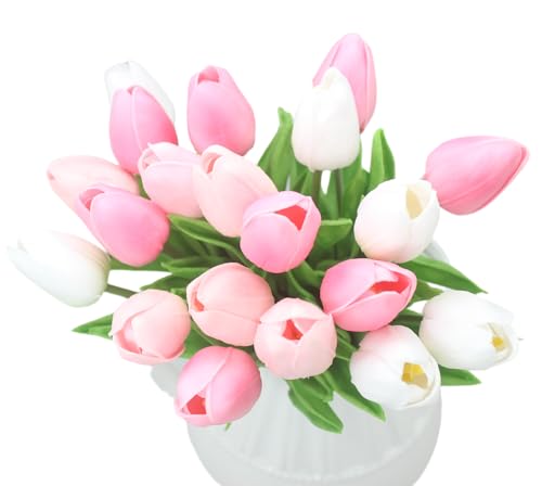 Artificial Flowers 10 Heads Mini Real Touch Artificial Tulip Multicolor Bouquet for Home Wedding Party Centerpiece Decoration (Pink&White&Light Pink) - color: Pink&white&light Pink