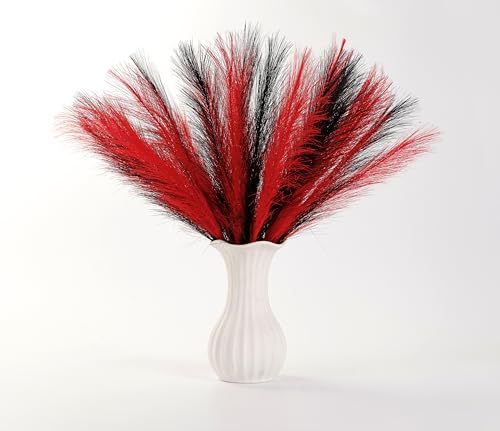 Pampas Grass Small Black&Red, 30 Pcs 17" Halloween Steems Faux Pampas Grass Short Decor, Pompas Grass Flower Arrangement and Vase Filler for Boho Home Wedding Decoration - color: Red&black, size: 17'' Tall