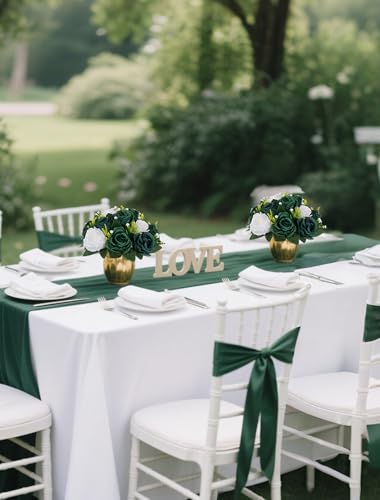 BLOSMON Green Flowers Artificial for Weddings: 10 Pcs Fake Rose Flower Balls for St Patricks Day Table Decorations - Fake Silk Kissing Bouquet Floral Arrangement for Home Party Event Decoration - color: Hunt Green & Forest Green & Ivory