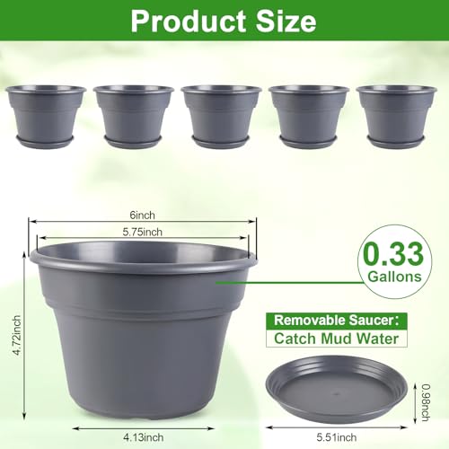 Myfeegoin 6-inch-Plant-Pots-Indoor-Outdoor, 6 Pack Plastic Planters with Drainage Holes & Saucers, Resin Flower Pots with Trays, Classic Garden Pot Container for House - color: Gray, size: 6inch