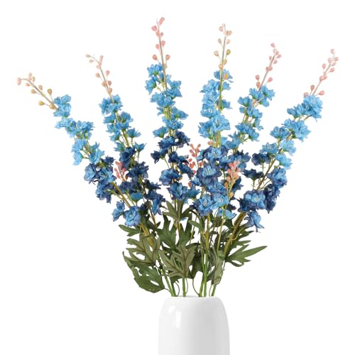 6 PCS Blue Delphinium Artificial Flowers, Long Stem Artificial Flowers with Bendable Stems, Silk Larkspur for Tall Vase Home Garden Wedding Table Decor - color: Blue
