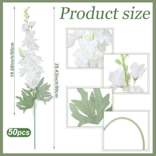 Thiccywoov 50 Pcs Delphinium Artificial Flower 35.4'' Long Larkspur Stem Silk Fake Faux Flowers Bulk for Tall Vase Floral Arrangements Home Centerpiece Table Wedding Decor (White) - color: White