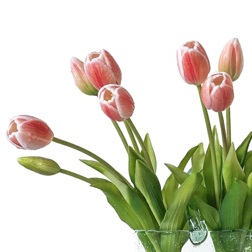 DUYONE 15Pcs Artificial Tulips Flowers, Soft Touch Realistic Latex Tulips Bouquet for Home Office Wedding Party Garden Decor, Fake Flowers for Centerpieces Dining Table Living Room Spring-B Coral Pink - color: B Style-15pcs Coral Pink (No Vase)