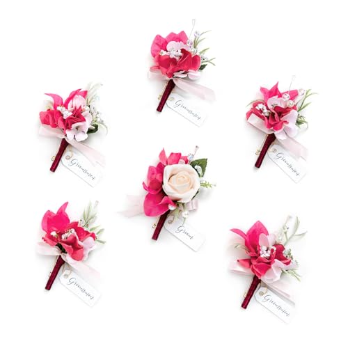 Ling's moment Boutonniere for Men, 6pcs Groom Groomsmen Boutonniere, Artificial Flowers for Wedding Decor/Prom/Homecoming, etc.Blush Hot Pink - color: Pk-blush & Hot Pink