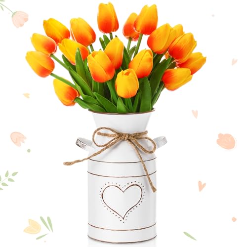 Uiifan 19 Pcs Spring Easter Centerpieces for Tables Home Office Decoration 18 Fake Artificial Tulip Flower Faux Realistic PU Bouquet with 1 Metal Pot Vase for Wedding Baby Shower(Sunset Red) - color: Sunset Red