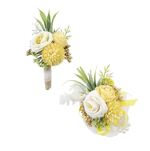 Ansofi Yellow Corsage and Boutonniere Set Artificial Rose Flower Wrist Corsage and Boutineers for Groom Groomsmen Bride Bridesmaids Prom Rustic Vintage Wedding Decor - color: Yellow