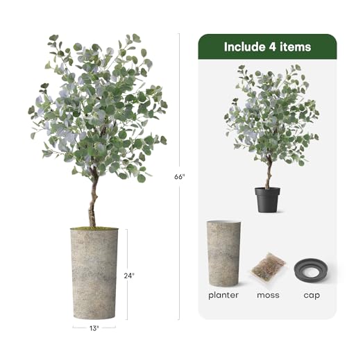 Artificial Tree in Off-White Texture Planter, Fake Eucalyptus Silk Tree for Indoor and Outdoor Home Decoration - 66" Overall Tall (Plant Pot Plus Tree) - style: Eucalyptus Tree