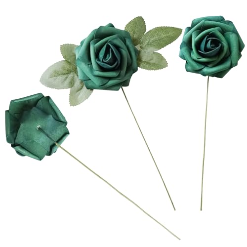 25pcs Dark Green Artificial Flower Foam Rose Real Touch Roses Flower Heads with Stem for DIY Wedding Bouquets Centerpieces Arrangements Party Baby Shower Home Decor (Dark Green) - color: Dark Green