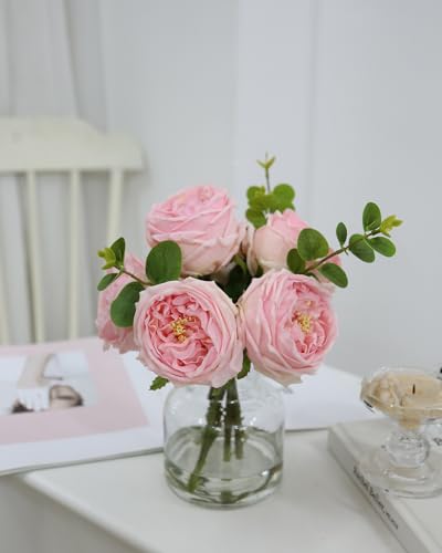 CHASMILE Artificial Flowers with Pink Roses in Vase, Lifelike Fake Flowers in Vase, Faux Flower Arrangements for Dining Table Centerpiece Decor, Table Centerpieces for Dining Room - color: Pink Simulated Rose With Vase