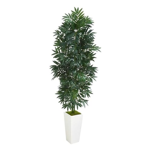 Pemberly Row 60" Artificial Bamboo Palm Plant, Green Foliage, White Planter with Moss, Lifelike Indoor Faux Floral Decor, 5 Ft Tall, Relaxing Accent for Sun Room or Home