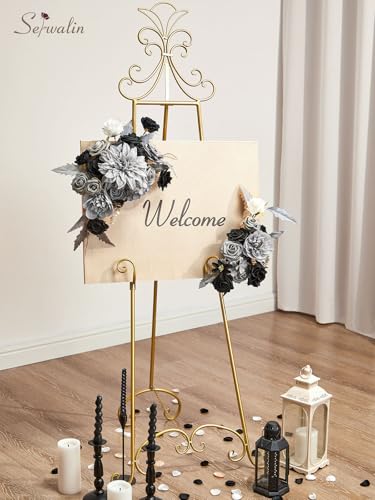 Serwalin Artificial Flowers Grey Fake Flowers Box Set, Silk Flowers with Stems, Faux Wedding Flower Cake Flowers for DIY Wedding Bouquets Bridal Shower Centerpieces Floral Arrangements Decor - color: Black & Grey, size: Square