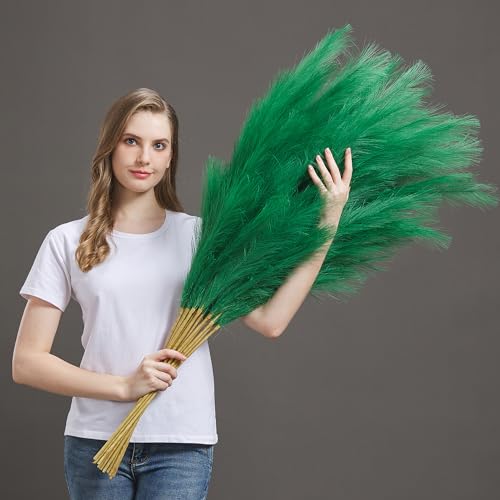 7 Pcs 45" Faux Pampas Grass – Fluffy Artificial Pompous Grass for Tall Floor Vase, Non-Shedding Home Decor, Boho Wedding Flowers, Baby Shower Centerpieces, Bedroom & Living Room Decor (Green) - color: Green