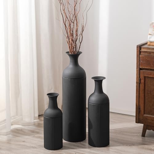 Sziqiqi Black Tall Ribbed Modern Metal Vase Trio - Large 27" Tall x 20" Wide x 16" Deep for Living Room, Bedroom, Kitchen, Corridor - color: Black