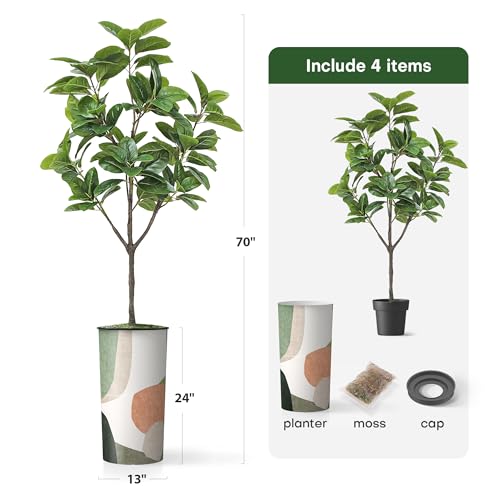 Artificial Tree in Multicolor Textured Geometric Shapes Illustrations Planter, Fake Magnolia Tree for Indoor and Outdoor Home Decoration - 70" Overall Tall (Plant Pot Plus Tree) - style: Magnolia Tree