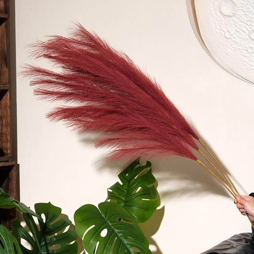 Premium Faux Ruby Red Pampas Grass – 43.3" Tall Fluffy Vibrant Decor, 8pcs 18-Branch One-Piece Stems No Assembly, Luxury Silk-Feel Feather Flowers for Bold Boho Decor, Jewel Tone Red 8 Stems110cm - color: Artificial - Rubber Red, size: 8pcs 43.3"(110cm)