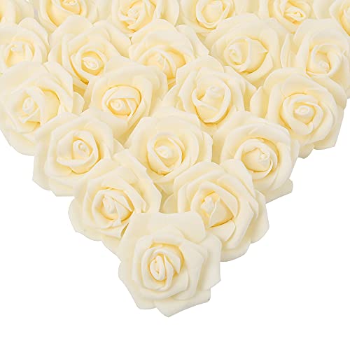IPOPU Artificial Rose Flower Heads, 100 Pcs Real Looking Creamy Yellow Foam Fake Roses for DIY Wedding Baby Shower Centerpieces Arrangements Party Tables Home Decorations (Cream Yellow, Stemless) - color: 100pcs Cream Yellow