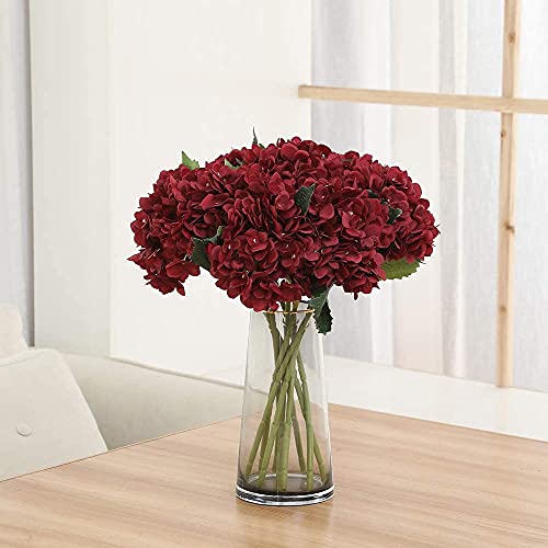 6 Pack Burgundy Red Faux Hydrangea Flowers, Silk Artificial Fake Hydrangea Stems for Wedding Centerpieces, Home Table Decor & Baby Shower Arrangement - color: Burgundy Red