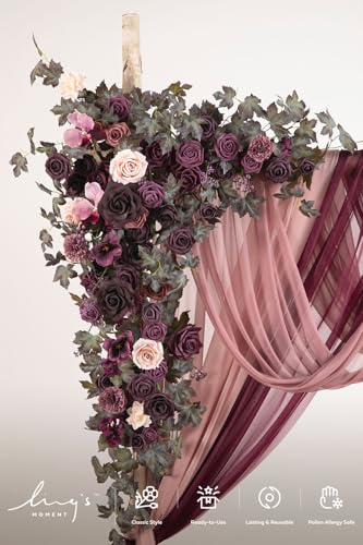 Ling's moment Wedding Arch Flowers with Sheer Drapes Kit - Artificial Deep Plum Floral Arrangements for Ceremony Backdrop, Arbor Decor, 5-Piece Set (2 Flower Stems + 3 Hanging Drapes) - color: Prpl-deep Plum