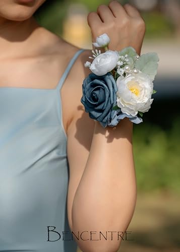 Dusty Blue Corsages for Wedding(Set of 6),Corsages for Prom,Party Prom Hand Flower Decor,Mother of The Bride Corsage,Bridesmaid Wrist Corsage - color: Dusty Blue