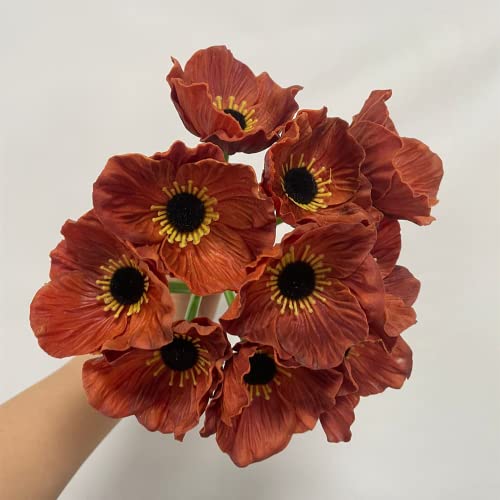 Rikyo 10 Stem 11inch Bouquets Artificial Flowers Poppy Flowers,Faux Anemone PU Fake Wild Flowers for Kitchen Table Centerpiece Vase,Home Wedding Holding Flowers Backdrop Arch Wall (Brown) - color: Brown