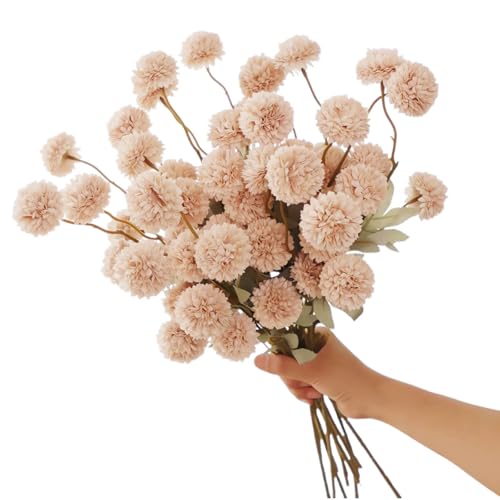5pcs Beige Faux Silk Mums Artificial Flowers, Bulk Fake Small Mini Chrysanthemums with Stems for DIY Champagne Wedding Centerpieces Floral Arrangements Vase Fillers Home Decorations