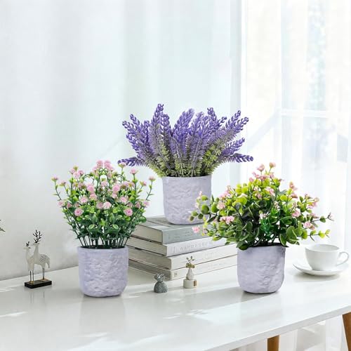 3-Pack Potted Artificial Plants, Small Eucalyptus Faux Plants for Shelf Desk Home Bathroom Farmhouse Room Coffee Table Decor (Pink Purple) - color: Pink Purple