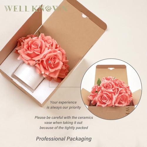 Artificial Rose Bouquet in Ceramic Vase, Silk Flower Arrangement in Pot, Real Touch Fake Flowers with White Vase for Wedding Home Centerpiece Coffee Table Bathroom Anniversary Decor & Gift (Coral) - color: Rose, Coral