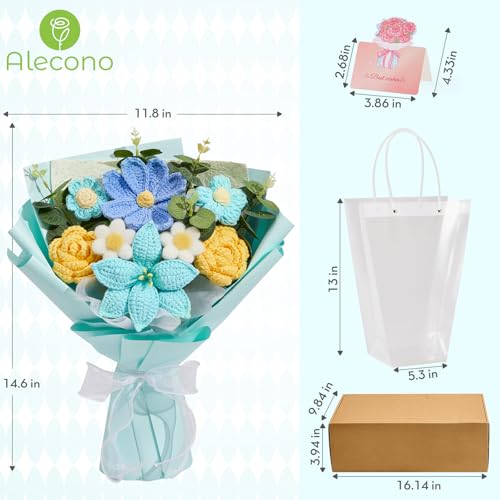 Alecono Crochet Flower Bouquet, Blue and Yellow Handmade Knitted Flowers, Crochet Tulips Galsang Flower for Lover Anniversary Birthday Mother's Day Graduation Gifts (with Card) - color: Light Blue, Yellow, size: Large