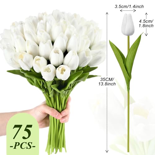 Janinka 75pcs Artificial Tulip Flowers Fake PU Tulips Faux Latex Bouquet Flower Centerpieces Arrangement Floral for Wedding Spring Decorations (1 Head,White) - color: White