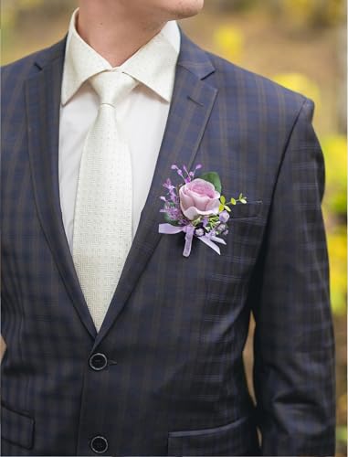 Marriwise 6pcs Light Purple Boutonniere for Men, Artificial Silk Rose Flowers Wedding Groom Groomsmen Boutonniere for Wedding/Anniversary/Prom/Rustic Wedding/Homecoming (Light Purple) - color: Light Purple