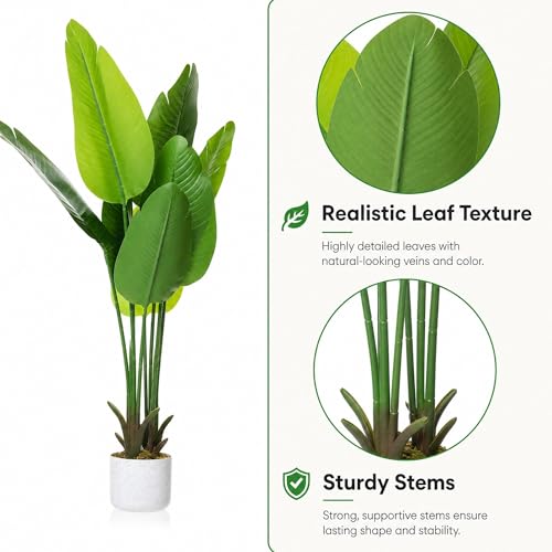 3.8 ft Artificial Banana Tree in Pot, Decorative Evergreen Faux Bird of Paradise Plant, Fake Tropical Traveler's Palm Tree, Indoor House Plants for Living Room Porch Entryway Office