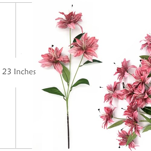 Artificial Lily Flowers, Vintage Silk Flower Long Stems Stargazer Lilies Full Bloom Lily Faux Plant Tiger Bouquets for Home Decor Indoor Hotel Wedding Party Fake Floral Arrangement - Coral Pink 4 Pack - color: Lily Flowers - Red 4 Pcs