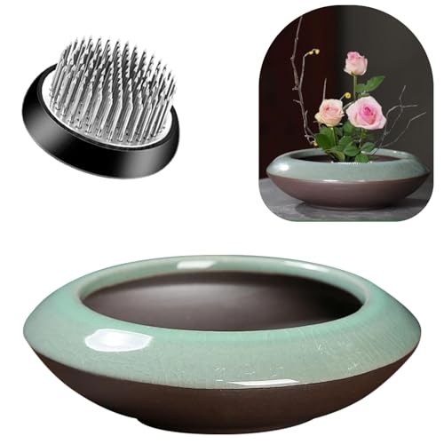 Ikebana Vase Kit Ceramic Flower Frog Vase with Stainless Kenzan Flower Frog Vase Flower Arrangement Pot for Floral Displays Moss & Hydroponic Plants Zen Decor Gift (Ge Kiln Small Size) - color: Ge Kiln Small Size