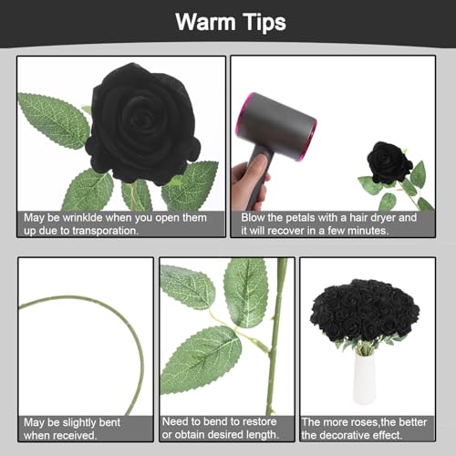 50Pcs Black Roses Artificial Flowers Fake Rose Faux Velvet Silk Flowers for Home Wedding Decoration (Pearl Roses, Black) - color: Pearl Roses - Black 50p