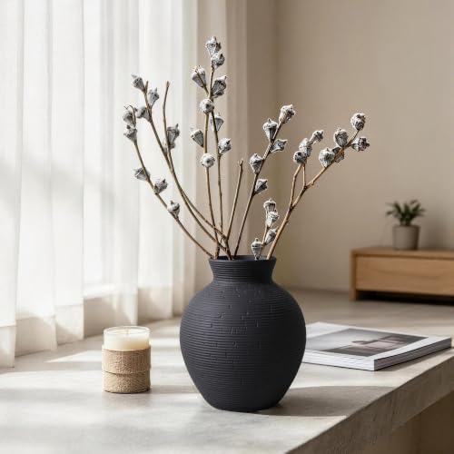 Ceramic Flower Vase Home Decor, 6 in Farmhouse Table Black Vases Rustic Vintage Living Room Kitchen Bedroom Decorations Pottery Decorative Vase for House Book Shelf Office Coffee Desk Dining Fireplace - color: 6 in - Black