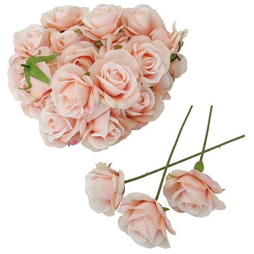ATFL Artificial Satin Rose Flower Heads,42 Pcs Silk Rose Heads with Stems,3.5'' Rose Artificial Flowers Bulk,Artificial Rose Flower Heads for DIY Crafts Bouquet (42, Blush) - color: Blush