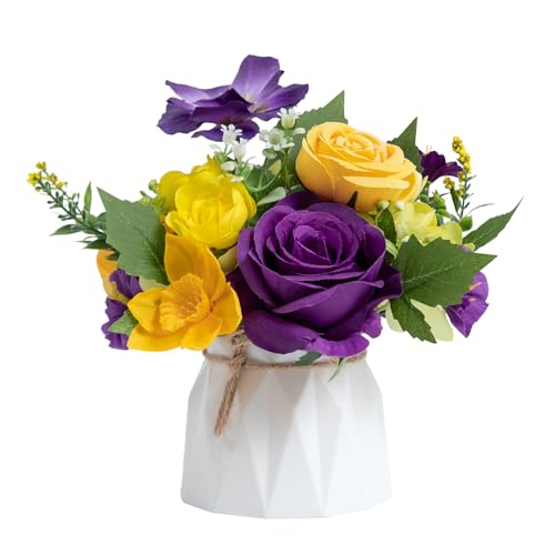 WELL KNOWN Small Fake Flowers in Plastic Vase 7" Centerpieces Coffee Table Decor, Silk Flower Arrangements for Home Decor Indoor Artificial Flower Bouquet for Dining Room Kitchen Wedding Yellow Purple - color: Purple & Yellow