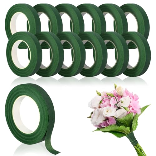 GardEasy 12 Rolls Floral Tape, 1/2" Wide Flower Tape Dark Green for Bouquets Floral Arranging Stem Wrap Craft, Wedding Bouquet(30yards)