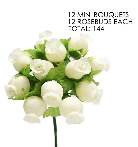 GiftWrap Etc. Ivory Artificial Silk Flower Roses - 12 Mini Bouquets of 12 Rosebuds, 144 Rosebuds Total, Wedding, Reception, Anniversary, Wreath, Bridal Shower - color: Ivory