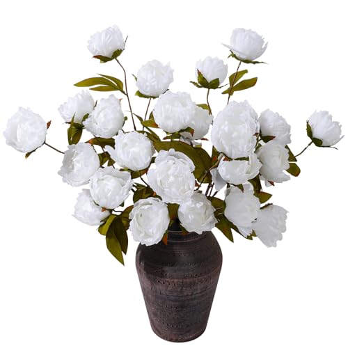 ucky 6 Pcs White Artificial Peonies Silk Flowers, 27.6" Long Stem Fake Peonies with Wood-Textured Bendable Branch, Life-Like Texture Large Peony Blooms for Tall Floor Vase, Wedding, Home Office Decor - color: Cjy White