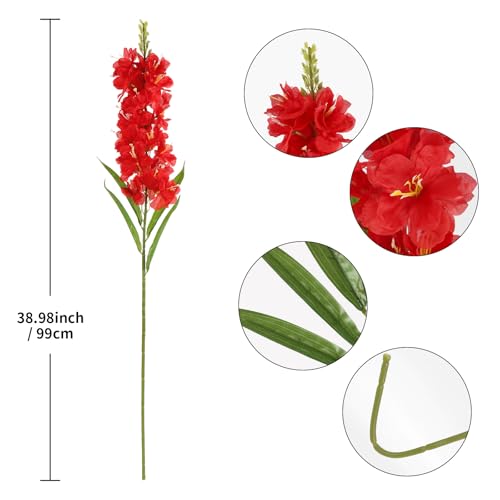 IPOPU 6PCS Delphinium Artificial Flowers 39" Realistic Faux Hyacinth Long Stem Delphinium Silk Flowers for Tall Vase Filling Wedding Centerpieces Home Decor (Red) - color: Red