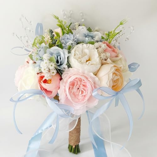 Wedding Bouquets for Bride, Pale Pink and Light Blue Bridal Bouquet | Realistic Silk Rose for Rustic Boho Church Ceremony, Proposal, Thanksgiving, Wedding Decor - color: Pale Pink and Light Blue